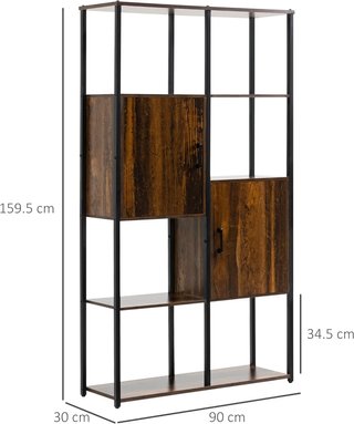 Estantería Moderna Estilo Industrial Con 4 Estantes Y 2 Armarios, Estante de Metal Y Madera para Casa Y Oficina, 90X30X159.5Cm, Negro Y Marrón
