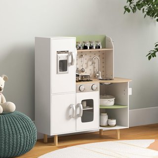 Cocina de Juguete para Niños de 3-6 Años con Máquina de Hielo y Sartenes, Cocina para Niños con Estantes y Armarios para Utensilios y Vajilla, 84X34X89 Cm, Blanco y Verde