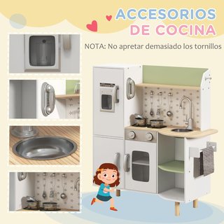 Cocina de Juguete para Niños de 3-6 Años con Máquina de Hielo y Sartenes, Cocina para Niños con Estantes y Armarios para Utensilios y Vajilla, 84X34X89 Cm, Blanco y Verde