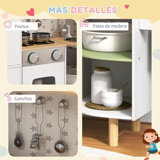 Cocina de Juguete para Niños de 3-6 Años con Máquina de Hielo y Sartenes, Cocina para Niños con Estantes y Armarios para Utensilios y Vajilla, 84X34X89 Cm, Blanco y Verde