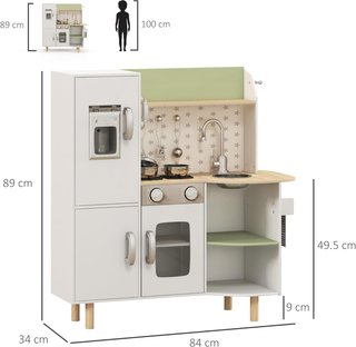 Cocina de Juguete para Niños de 3-6 Años con Máquina de Hielo y Sartenes, Cocina para Niños con Estantes y Armarios para Utensilios y Vajilla, 84X34X89 Cm, Blanco y Verde