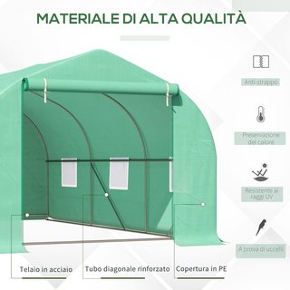 Invernadero para Huerto Con 6 Ventanas Y Puerta Enrollable, Invernadero De Jardín En Túnel Con Techo Inclinado En PE Y Tubos De Acero, 4.5X3X2M, Verde Oscuro