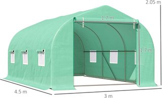 Invernadero para Huerto Con 6 Ventanas Y Puerta Enrollable, Invernadero De Jardín En Túnel Con Techo Inclinado En PE Y Tubos De Acero, 4.5X3X2M, Verde Oscuro