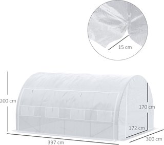 Invernadero de Jardín en Túnel 3.97X3X2 M con Puertas Enrollables y Ventanas, Invernadero para Huerto con Estructura de Acero Galvanizado y Cubierta de PE, para Huerto de Verduras y Flores, Blanco