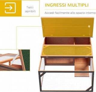 Conejera de Exterior e Interior de Madera con Casita para Conejos y Área Abierta Cercada, 125.5X100X49Cm, Naranja