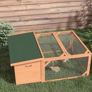 Conejera de Exterior e Interior de Madera con Casita para Conejos y Área Abierta Cercada, 125.5X100X49Cm, Naranja