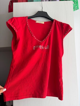 T-shirt Artigli donna rossa con strass