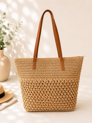 Bolso de rafia tejido con asas de cuero
