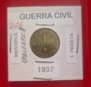 Moneda 1 Peseta 1937 Menorca Guerra Civil