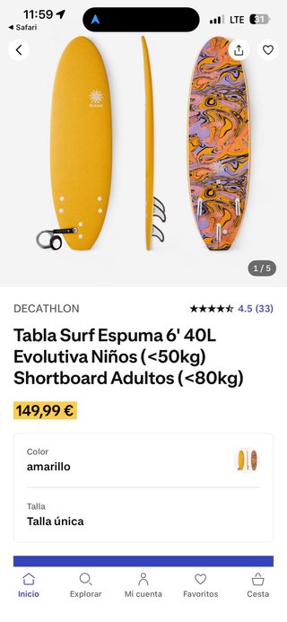 Tabla Surf Espuma 6' 40L Niños. Con solo dos usos.