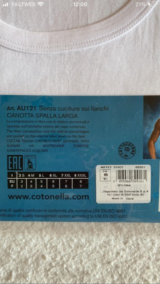 Canottiera Cotonella Uomo Taglia XL