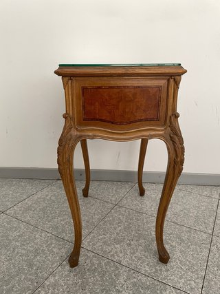 MESA MADERA MARQUETERÍA CRISTAL ANTIGUA LUIS XV