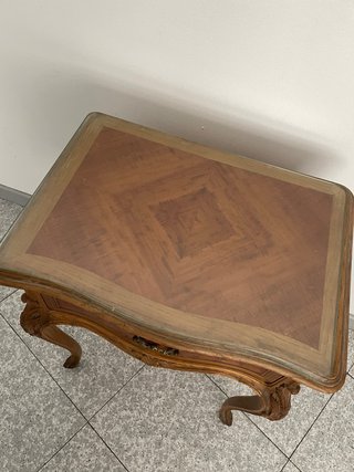 MESA MADERA MARQUETERÍA CRISTAL ANTIGUA LUIS XV