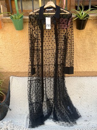 Kimono Zara Negro Transparente Lunares XXL