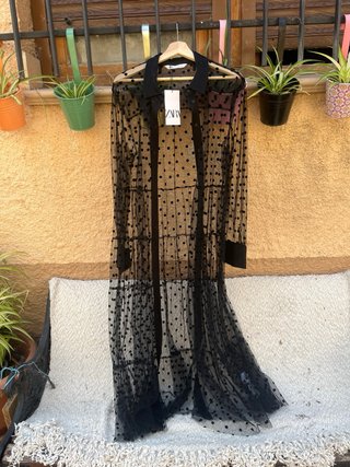 Kimono Zara Negro Transparente Lunares XXL