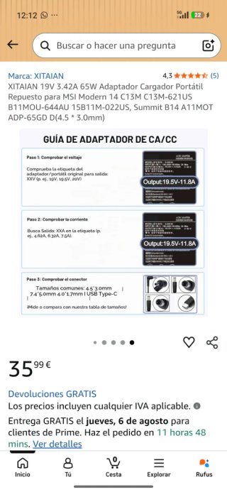 Cargador Portátil XITAIAΝ 19V 3.42A 65W