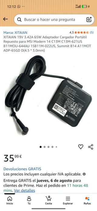 Cargador Portátil XITAIAΝ 19V 3.42A 65W