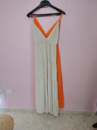 Vestido largo verde y naranja