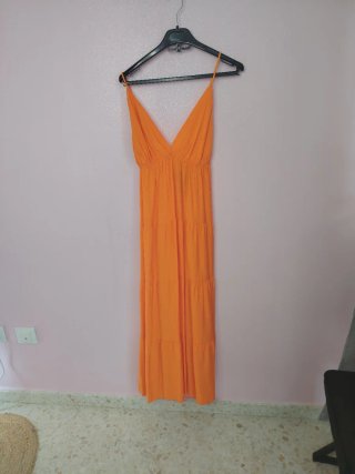 Vestido largo verde y naranja