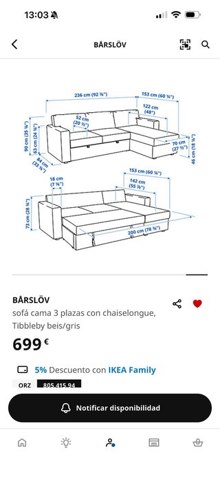 Sofá cama IKEA BÄRSLÖV 3 plazas chaise longue