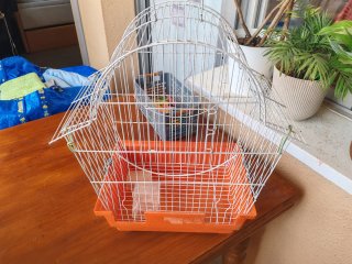 Jaula para pájaros blanca y naranja
