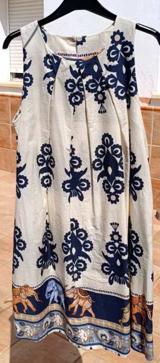 Vestido Verano Algodón Beige y Azul