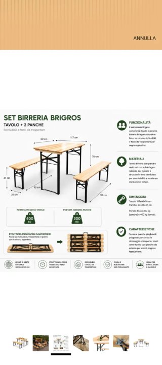 Tavolo e panche da birreria in legno e metallo