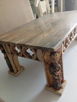 Mesa antigua mármol y madera tallada