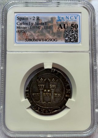 Moneda PLATA 2 Reales Carlos y Juana . NCV AU50