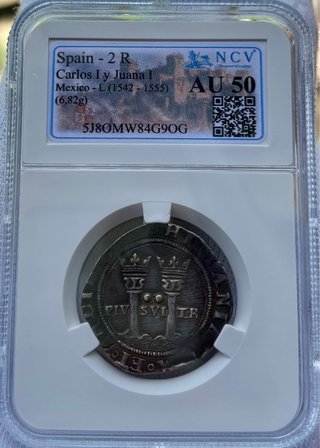 Moneda PLATA 2 Reales Carlos y Juana . NCV AU50