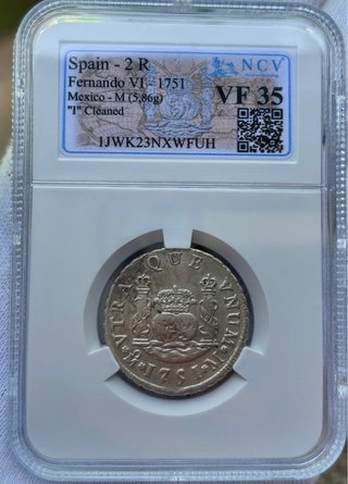 Moneda PLATA 2 Reales 1751 Mexico Columnario VF35