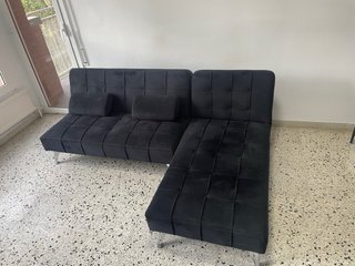 Sofa cama + Mesa cristal negra y 6 sillas polipiel
