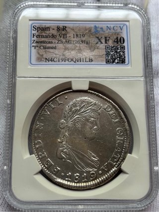 Moneda PLATA 8 Reales 1819 Zacatecas. NCV XF40.