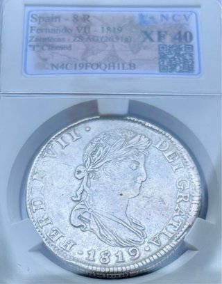 Moneda PLATA 8 Reales 1819 Zacatecas. NCV XF40.