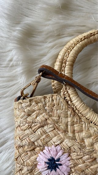 Bolso Cesta Mimbre Flores Rosas