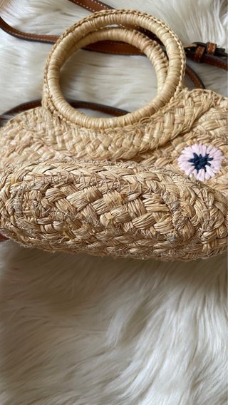 Bolso Cesta Mimbre Flores Rosas