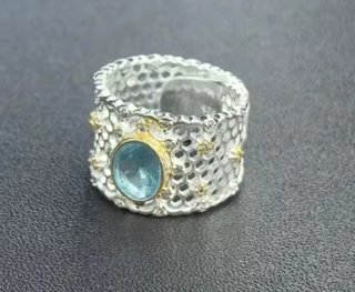 Anillo Plata y Azul con Diseño Colmena
