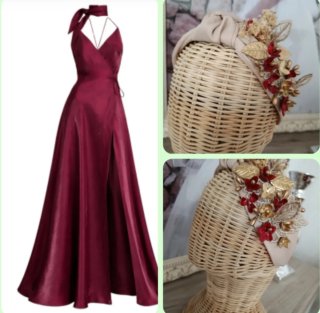 Tocado diadema ceremonia beige y rojo