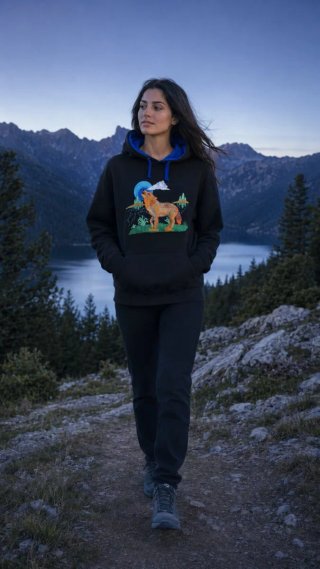 Sudadera Negra Bordado Lobo Luna