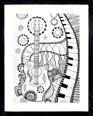 Cuadro Guitarra Piano Dibujo Original Marco Madera