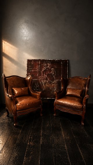 2 Sillones Orejeros Piel Marrón Vintage