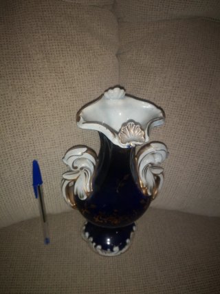 Jarrón porcelana Manises, zul cobalto, Oro Vintage