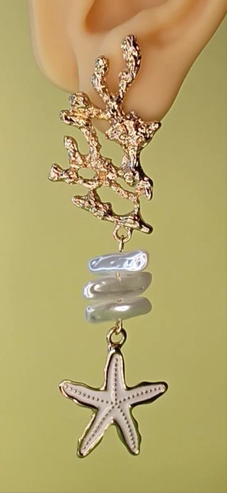 Pendientes largos marinos con perlas y estrellas