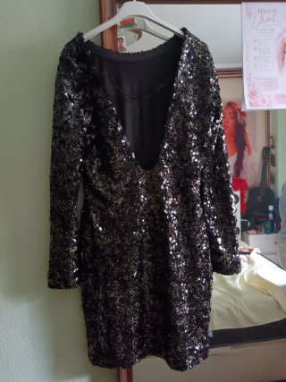 Vestido fiesta lentejuelas negro y plata