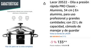 Olla a presión Lacor ProClassic 22L Nuevo sin usa
