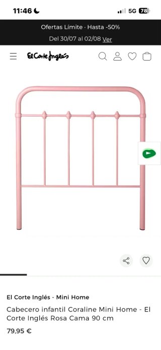 Cabecero cama rosa 90cm metal. El corte inglés.