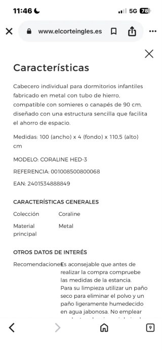 Cabecero cama rosa 90cm metal. El corte inglés.