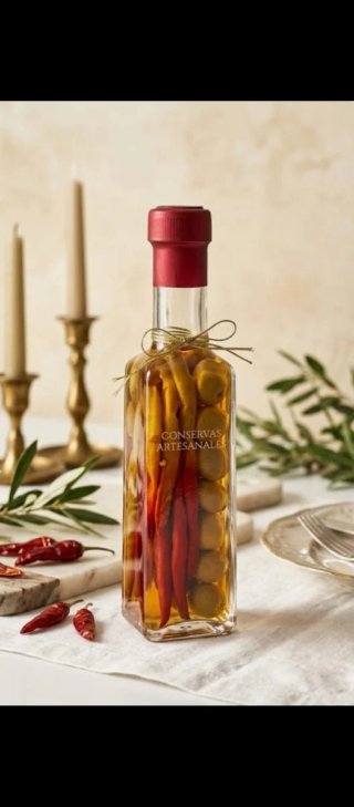 Botella Decorativa con Chiles y Aceitunas