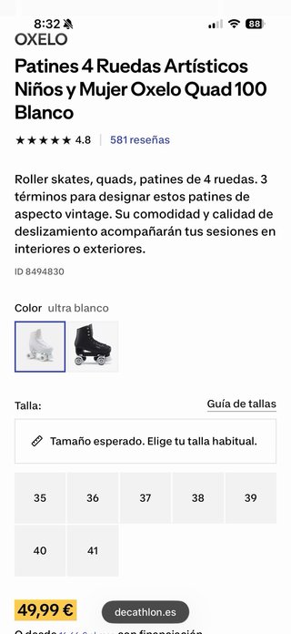 Patines Oxelo 4 Ruedas Talla 39