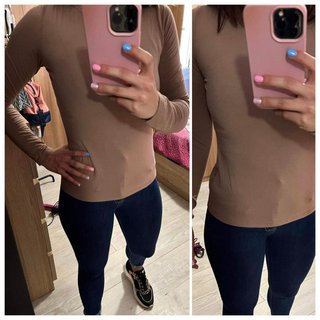 Camiseta manga larga marrón básica con abertura.